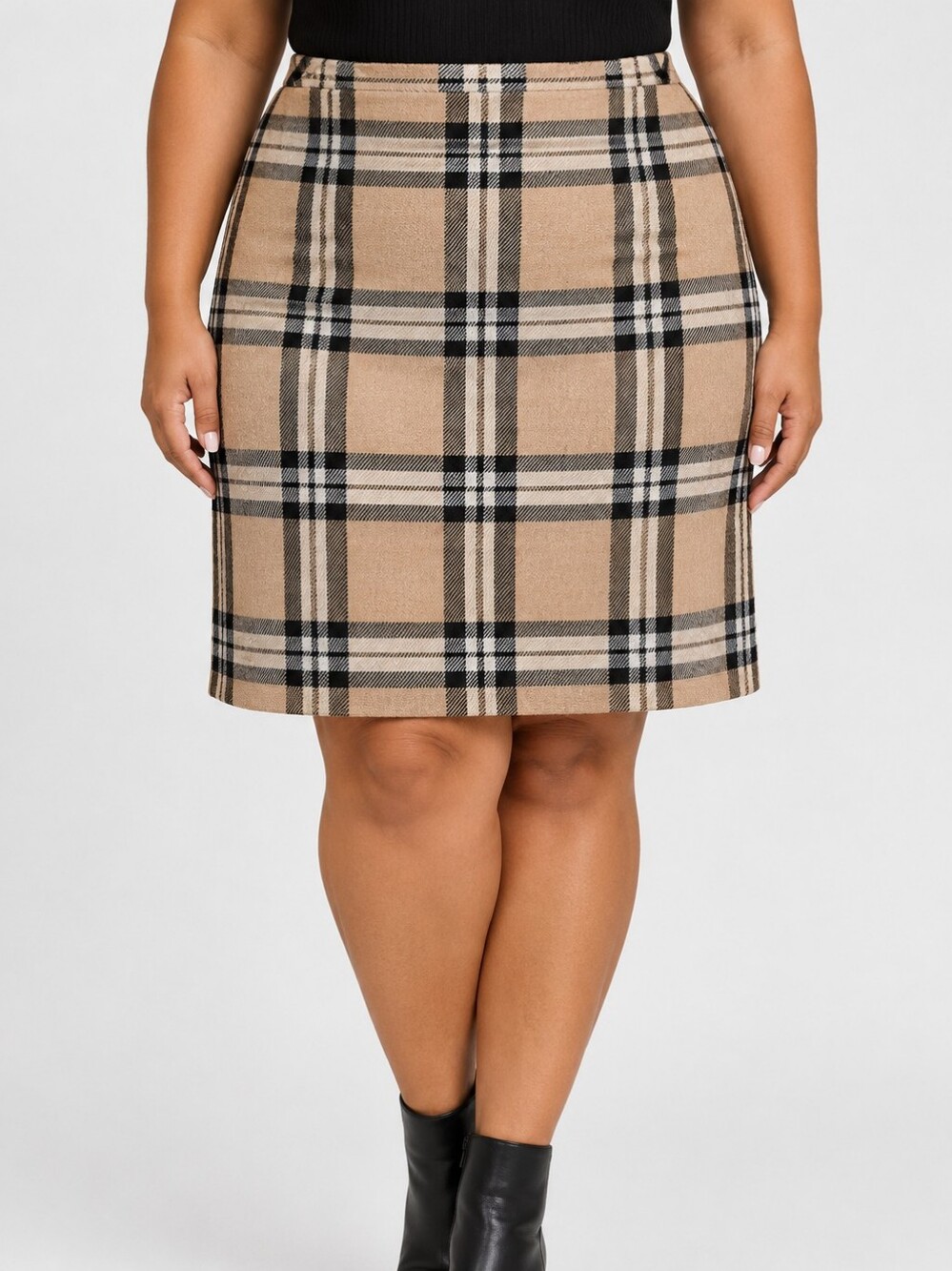 NWT Cleo Plus Size Preppy Office Academic Tan Black Plaid Knee Length Skirt XXL